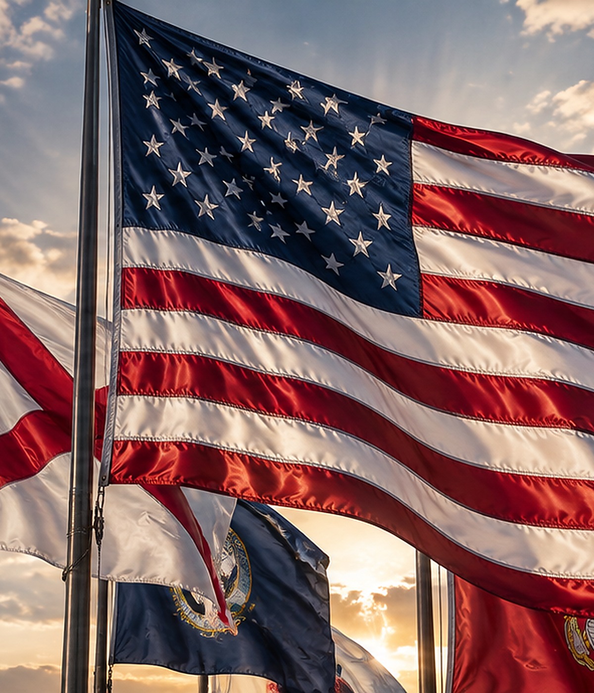 American and state flags waving outdoors